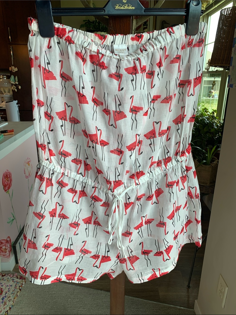 NWOT Classic Milly Cabana Flamingo🦩Romper elasticized waist draw cord Size L